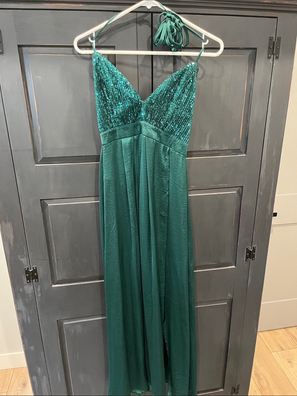 Emerald Green Sequin Bodice Halter Evening Gown